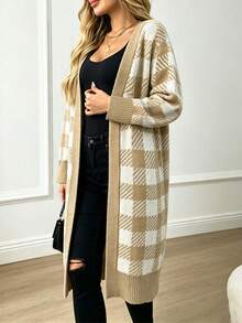 Plus Size Casual Fashion Colorblock Plaid V-Neck Mid-Length Long Sleeve Knit Cardigan - Khaki - View 4