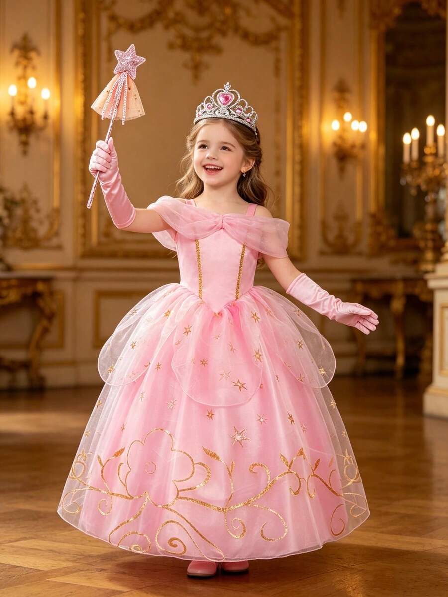 4pcs/Set Girls Pink Princess Dress, With Tulle Puff Skirt, Gold Star Print Children Princess Dress, Spaghetti Strap Cold Shoulder Dress, Suitable For Holiday Party Gathering Formal Wear - Pink - View 1