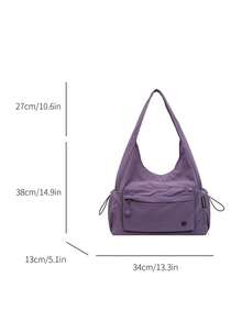 Women's Solid Color Nylon Fabric Drawstring Shoulder Tote Bag, Side Pockets, Zipper Closure, Large Capacity, Casual Style, Suitable For Daily Commute And Travel, All Season - Purple - View 6