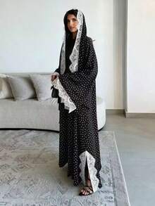 Fashion Sweet Lace Trim Polka Dot Print Long Robe Arabic Cardigan (Includes Headscarf) - Black - View 2