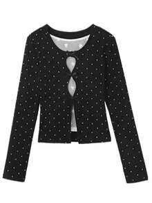 Black & White Polka Dot 2 In 1 Long Sleeve T-Shirt, Slim Fit Inner Layer With Lace Patchwork Design Top - Black and White - View 3