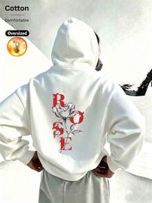 2026 Autumn Winter Custom Loose White Hoodie Women, Red Letter ROSE With Black And White Rose Floral Print Back Center, Y2K Style - White - View 1
