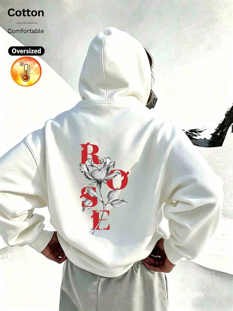 2026 Autumn Winter Custom Loose White Hoodie Women, Red Letter ROSE With Black And White Rose Floral Print Back Center, Y2K Style - White - View 1