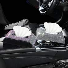 1pc Shiny Full Rhinestone Car Tissue Box, PU Leather Base Car Armrest Tissue Holder, Multi-Color Shiny Car Interior Decoration Gift, Suitable For Female Car Owners - Multicolor - View 1