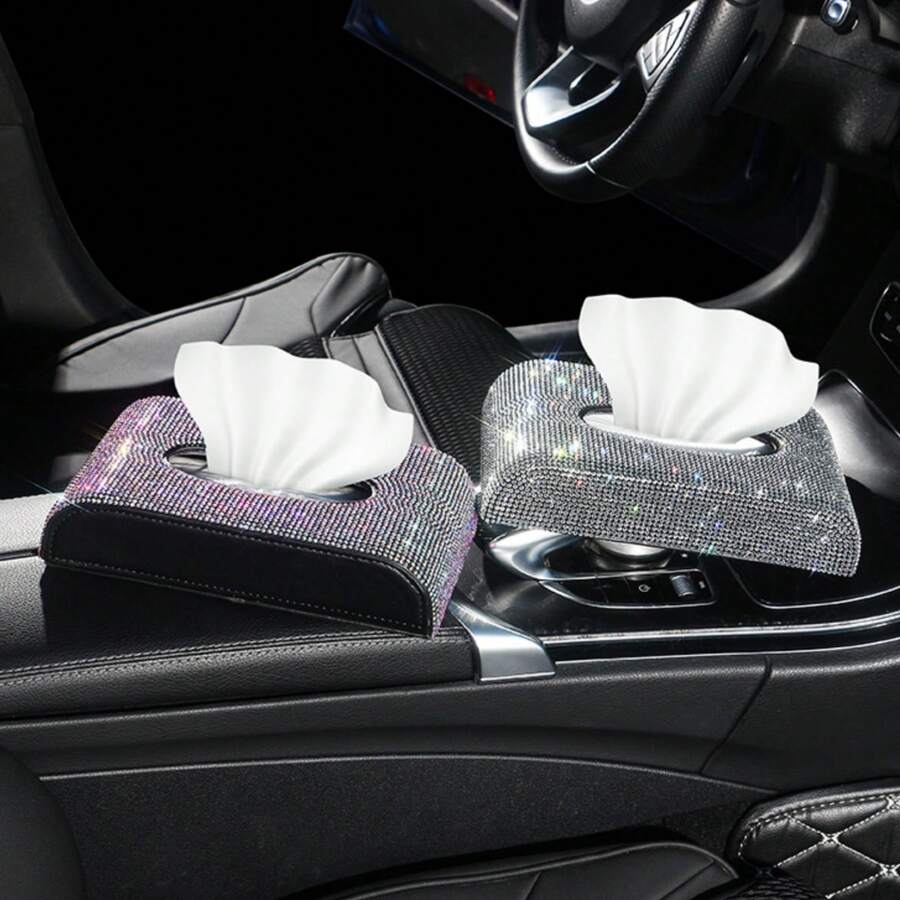 1pc Shiny Full Rhinestone Car Tissue Box, PU Leather Base Car Armrest Tissue Holder, Multi-Color Shiny Car Interior Decoration Gift, Suitable For Female Car Owners - Multicolor - View 1