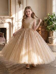 Girls' Champagne Color Sequin Elegant Dress, Tulle Ball Gown For Birthday Wedding Evening Party - Champagne - View 3