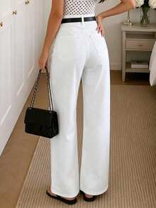 White Washed Denim Straight Leg Jeans For Women, Casual Extra Long With Button And Pockets, Medium Stretch Fabric - White - View 3