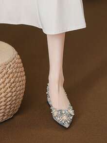 Heavy Beaded Rhinestone Pointed Toe Low Heel Women's Slip-On Shoes, Vintage Jacquard Fabric Party Wedding Shoes - Color - View 6