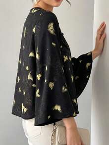 Spring/Autumn Women's Chinese Style Top, Black Cheongsam Round Neck Short Blouse, Frog Button Dark Pattern Butterfly Print Asymmetric Collar Long Flared Sleeve Elegant Tang Suit Shirt Hanfu Jacket - Black - View 8