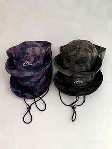 Topi Bucket Ringan Cepat Kering Motif Kamuflase Patchwork, Topi Pelindung Matahari Bernapas untuk Aktivitas Luar Ruangan Mendaki, Memancing, Unisex Musim Panas - tali lanyard kamuflase - View 6