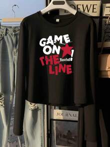 American Style Star & Letter Print Cropped Long Sleeve T-Shirt For Women, Sexy Waist-Baring Slim Fit Basic Base Layer Top - Black - View 4