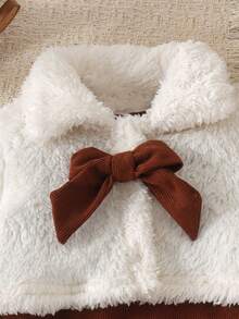 2pcs Baby Girl Vintage Forest Sweet Style 3D Bow Beige Fuzzy Jacket & Sleeveless Mermaid Dress Set, Autumn/Winter - Beige - View 5
