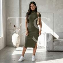Vestido Feminino Midi Canelado Cacharrel Manga Curta com Fenda Gola Alta Tubinho Modelador Vestido Frio Inverno - Verde Militar - Visão 5