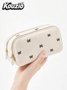 Cute Bow Pattern Corduroy Pencil Case, Large Capacity Double Layer Zipper Pen Pouch With Organizer Slots, Portable Stationery And Cosmetic Storage Bag For School, Office And Travel - Bow-tie Style - View 3