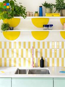 WoStick 1/10/20pcs 3D Subway Tile Self-Adhesive Backsplash Stickers, Glossy Cream Yellow Self-Adhesive Wall Tiles, Waterproof Removable, Suitable For Kitchen Bathroom Rental Home Decor - Cream Yellow Long Strip - View 2