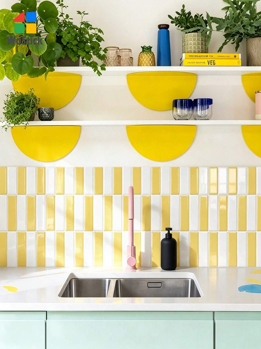 WoStick 1/10/20pcs 3D Subway Tile Self-Adhesive Backsplash Stickers, Glossy Cream Yellow Self-Adhesive Wall Tiles, Waterproof Removable, Suitable For Kitchen Bathroom Rental Home Decor