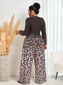 BIUBIU Women's Plus Size Leopard Print Long Jumpsuit With Long Sleeves, Round Neck, Ruched Detailing, And Pockets, Made From Medium Stretch Knitted Fabric - Coffee Brown - View 2