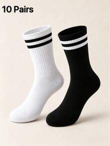 Business Style Men's White With Black Stripes Mid-Calf Socks, Skin-Friendly Cotton Breathable Versatile Sports Socks For Campus, Casual And Daily Wear - Black - View 4