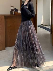 Women's Casual Long Ruffle Hem Skirt, Elegant Paisley Print, Lightweight Stretch Woven Fabric, Suitable For Early Autumn Wear - Dark Grey - View 8