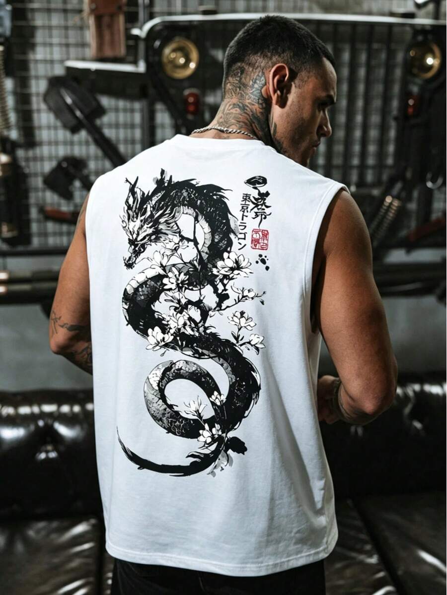 东方水墨画美学与日式元素印花男士休闲宽松背心