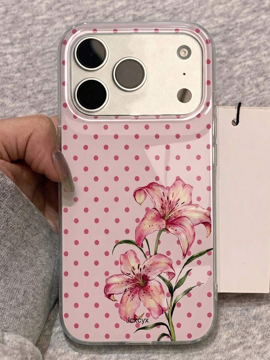 美學可愛花卉亮面雷射手機殼,適用於 iPhone 18ProMax 18Pro 17ProMax 17Pro 17 16ProMax 16Pro 16 15 14 13 Pro Max,時尚星星軟背蓋禮物 - 粉紅波點百合 - 查看 1
