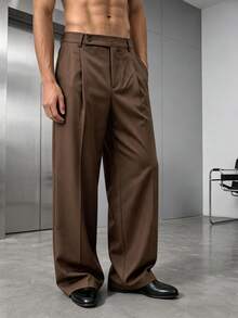 Spring/Autumn Vintage Pleated Wide Leg Suit Pants With Adjustable Waist, Draping Fabric, Men's Minimalist Versatile Long Trousers - Brown - View 3