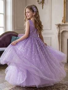 Tween Girl Purple Sequin Luxurious Dress, Fluffy Tulle Birthday/Wedding Party Formal Gown - Purple - View 4