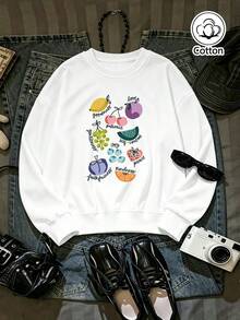 Women's Relaxed Fit Fruit Print Crew Neck Sweatshirt With Positive Word Decor, Breathable & Comfortable - White - View 1