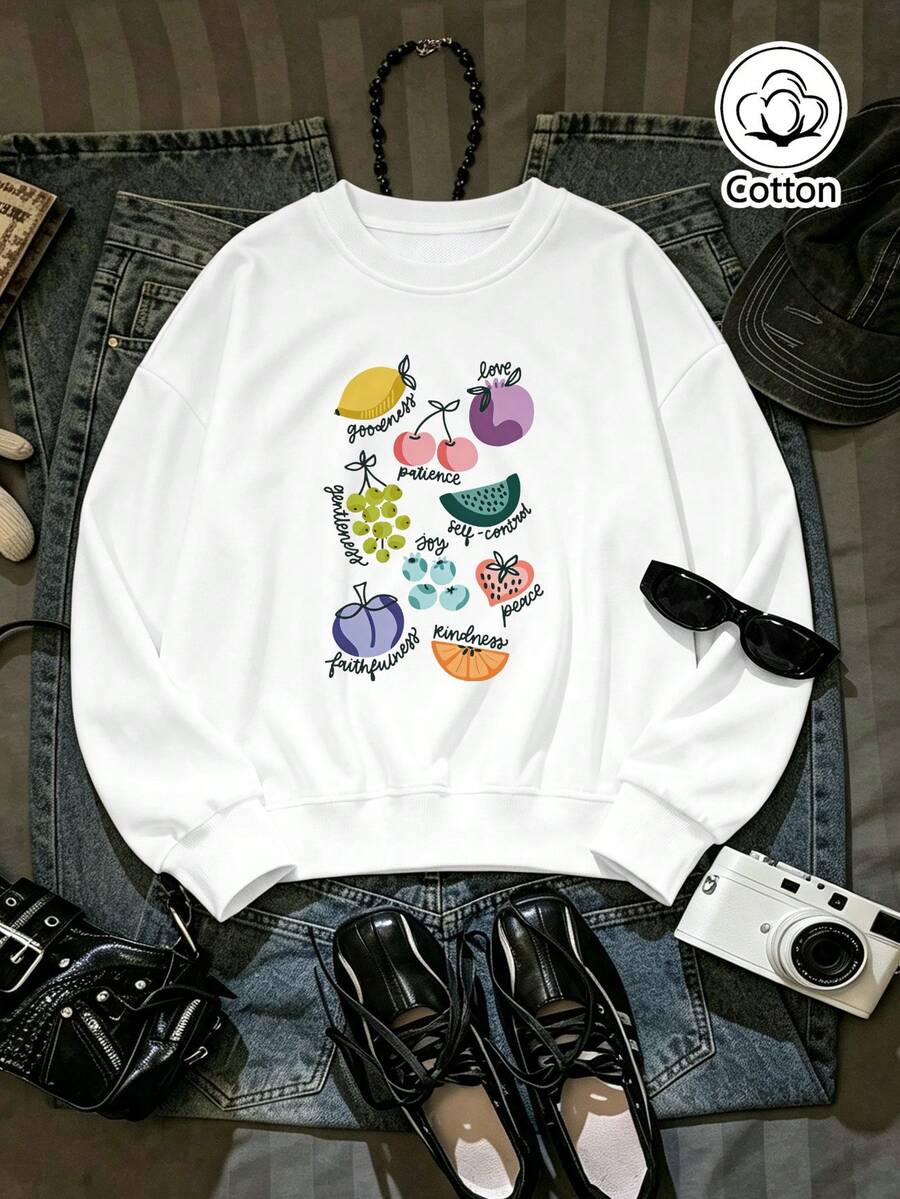 Women's Relaxed Fit Fruit Print Crew Neck Sweatshirt With Positive Word Decor, Breathable & Comfortable - White - View 1