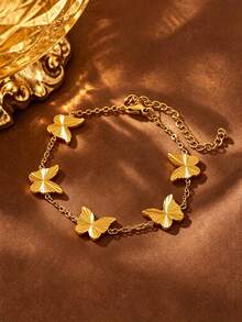 1pc Minimalist Versatile Butterfly Element Stainless Steel Chain Bracelet For Women, Suitable For Daily Wear - Yellow Gold - View 1