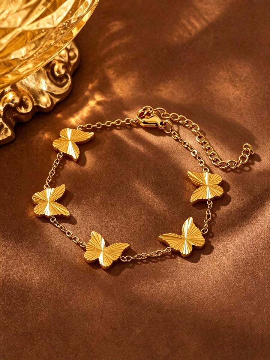 1pc Minimalist Versatile Butterfly Element Stainless Steel Chain Bracelet For Women, Suitable For Daily Wear - Yellow Gold - View 1