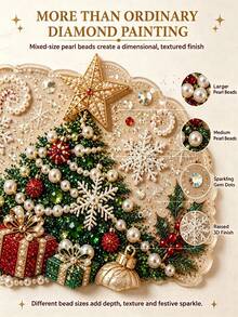 Christmas Pearl Diamond Painting Suncatcher Set, DIY Handmade | Pre-Assembled Metal Chain, Acrylic Round Plate With Lace Edge, 3D Mixed Size Pearl Beads, Holiday Window Wall Decoration - A - View 9