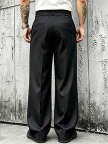 Men's Solid Color Drape Casual Trousers, Double-Button Waist, Loose Wide-Leg Fit, Streetwear Slimming Versatile Floor-Length Pants - Black - View 3