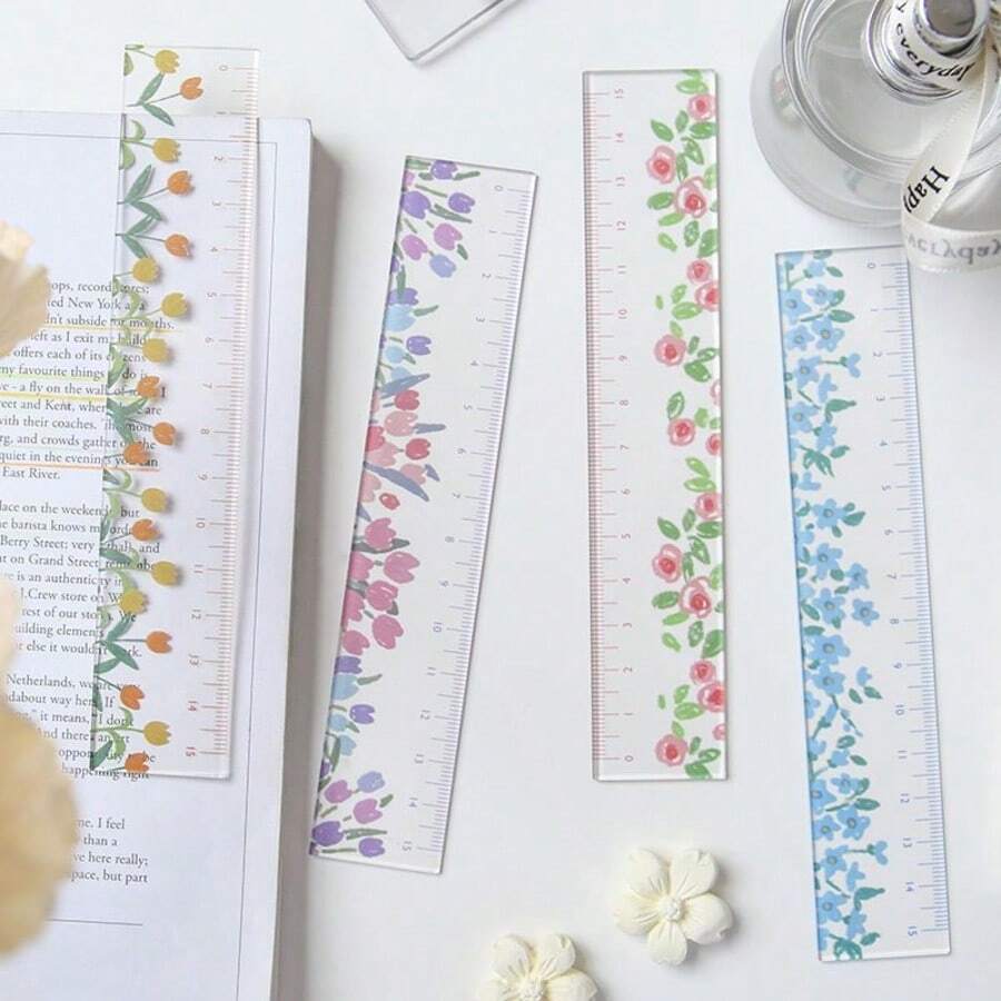 1pc Korean Ins Style Oil Painting Cute Floral Acrylic Ruler, Student Office Drawing Measurement Straight Ruler Cartoon Stationery, Back To School Essential, Office And Learning Supplies - A - View 1