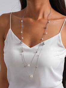 Multilayer Long Pearl Beaded Necklace, Minimalist Layered Statement Neck Jewelry For Women Daily Vacation Outfit - Necklace - View 3