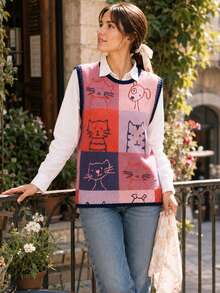 New Spring/Summer Women's Round Neck Sleeveless Tank Top, Cartoon Colorful Cat Print, Colorblock Knit Trim, Suitable For Daily Wear Fall - Apricot - View 4