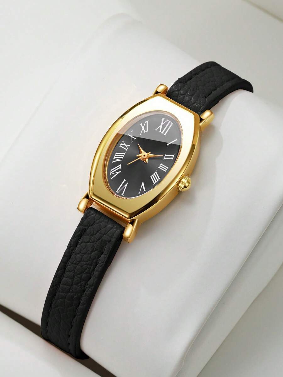 Women's Gift Watch With Embossed PU Leather Strap, Oval Roman Numeral Dial, Luxury Niche Wristwatch, Gift For Best Friend (1pc/Set), Watch Box Not Included - Black - View 1