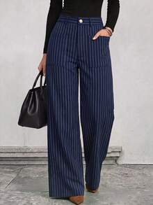 Women's Classic Blue Fine Vertical Striped Wide Leg Pants, Pocket Exquisite Casual Style Office Daily Wear Bottoms - Dark Wash - View 3