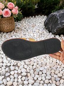Women Champagne Gold Metallic H‑Shape Woven Slide Sandals, Open‑Toe Outdoor Slides, Summer Vacation Beach Shoes - Champagne - View 9