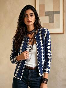 Bohemian Style Spring/Autumn New Women's Knit Cardigan Sweater, Preppy Vacation Elegant Casual Top - Blue - View 3