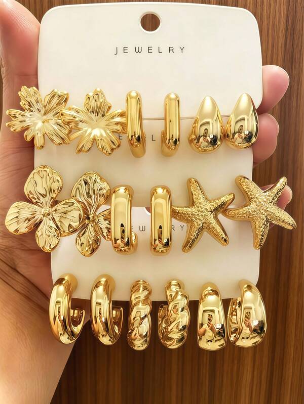 6/18pcs Gold Earrings Set - Large Starfish Earrings & Floral Studs. Suitable For All-Year Travel And Vacation Wear, Best Gift For Family And Friends