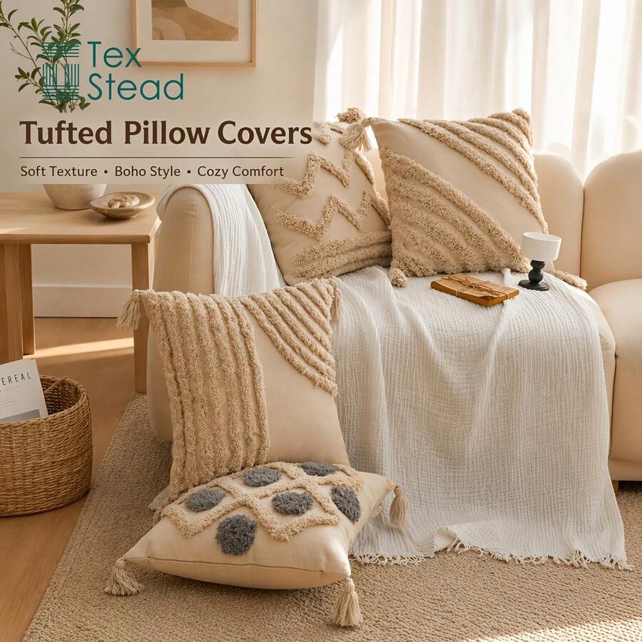 Tufted Pillow Cover, Soft Decorative Throw Pillow Case, Boho Style Cushion Cover For Sofa Bedroom Home Decor, No Pillow Insert - CR105 - View 1