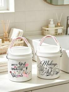 Portable Printed Makeup Storage Bucket With Lid, Large Capacity Cross‑Body Cosmetic Organizer, Dust‑Proof For Lipstick Brushes Eyeshadow Palette, Desktop Bathroom Dorm Vanity Storage For Girls Makeup Lovers, Back‑To‑School Gift - Multicolor - View 10