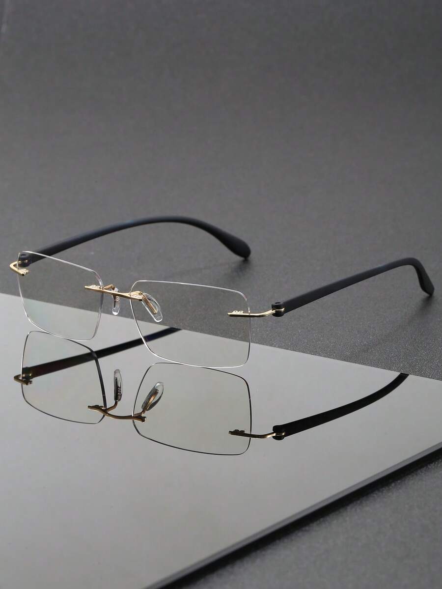 1 Pair Metal Rimless Rectangular Minimalist Fashionable Plain Lens Glasses, Unisex, TR Material, Suitable For Back To School, Office, Decorative Outfit, Business Meeting, Running, Daily Street Wear - Clear - View 1