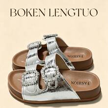 French Fairy Style Thick Sole Strap Slide Sandals For Women, 2026 New Spring/Summer Casual Vacation Beach Flat -Style Slippers - Silver - View 3