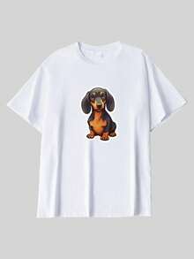 Men's Loose Fit Crew Neck Short Sleeve T-Shirt, Cute Dachshund Cartoon Print, Suitable For Daily Streetwear - White - View 2