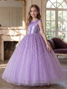 Tween Girl Purple Sequin Luxurious Dress, Fluffy Tulle Birthday/Wedding Party Formal Gown - Purple - View 3