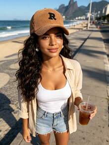 1Pc Minimalist A-Z Letter Corduroy Baseball Cap, Adjustable Outdoor Sun Protection Casual Hat,Suitable For Spring, Autumn, And Winter Daily Wear - Khaki - View 4
