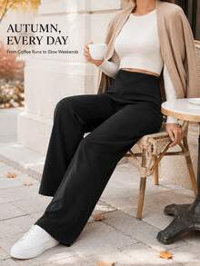 Women's Seamless Autumn Fashion Minimalist Wide Leg Pants, Winter High Waist Tummy Control Thermal Lined Long Pants - Black - View 5