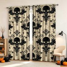 2PCS Halloween Curtains, Retro Distressed Beige Background Black Skull Ornate Print, Halloween Gothic Style Decorative Window Drapes For Home Decoration - Multicolor - View 7